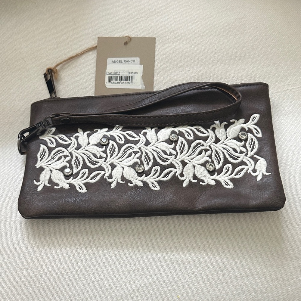 Chic Brown Clutch with White Embroidery